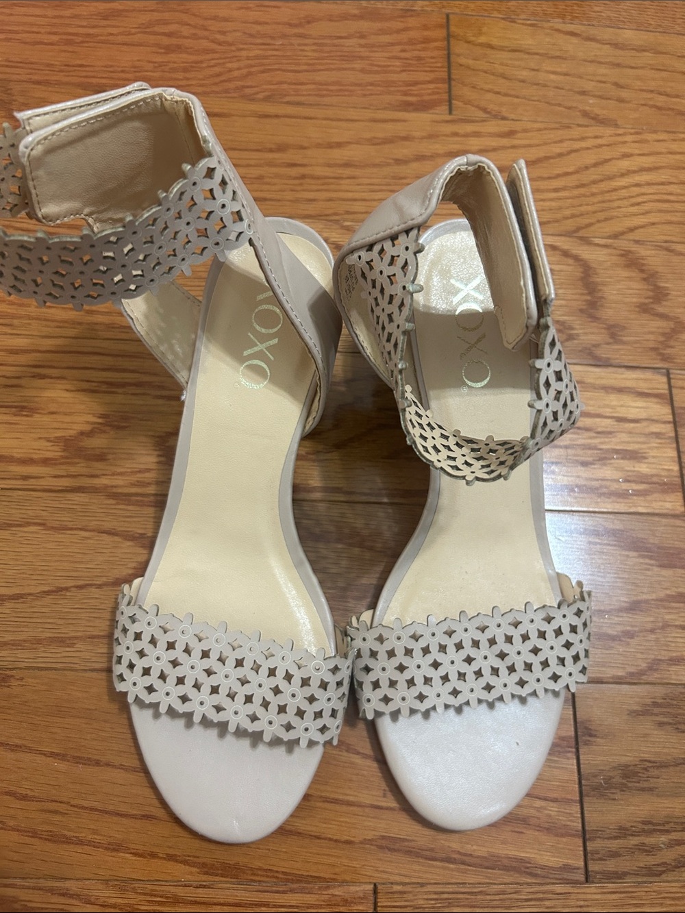 XOXO Beige Laser-Cut Ankle-Strap Heels